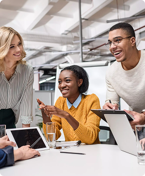 Team members collaborating at a desk